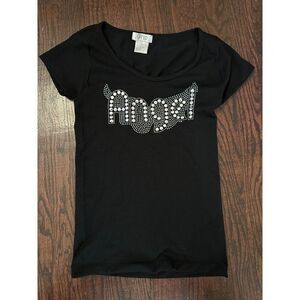 Y2K Angel Rhinestone Black T Shirt Size Small